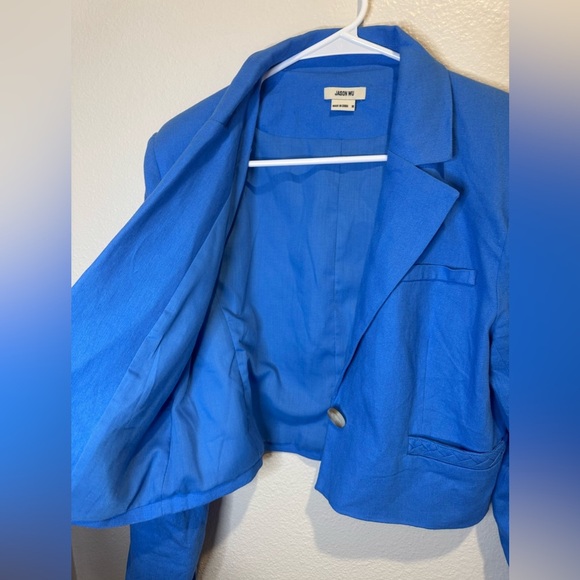 Jason Wu Womens Blue Linen Cropped Blazer Jacket Braided Trim Size Medium‎ - Picture 9 of 10